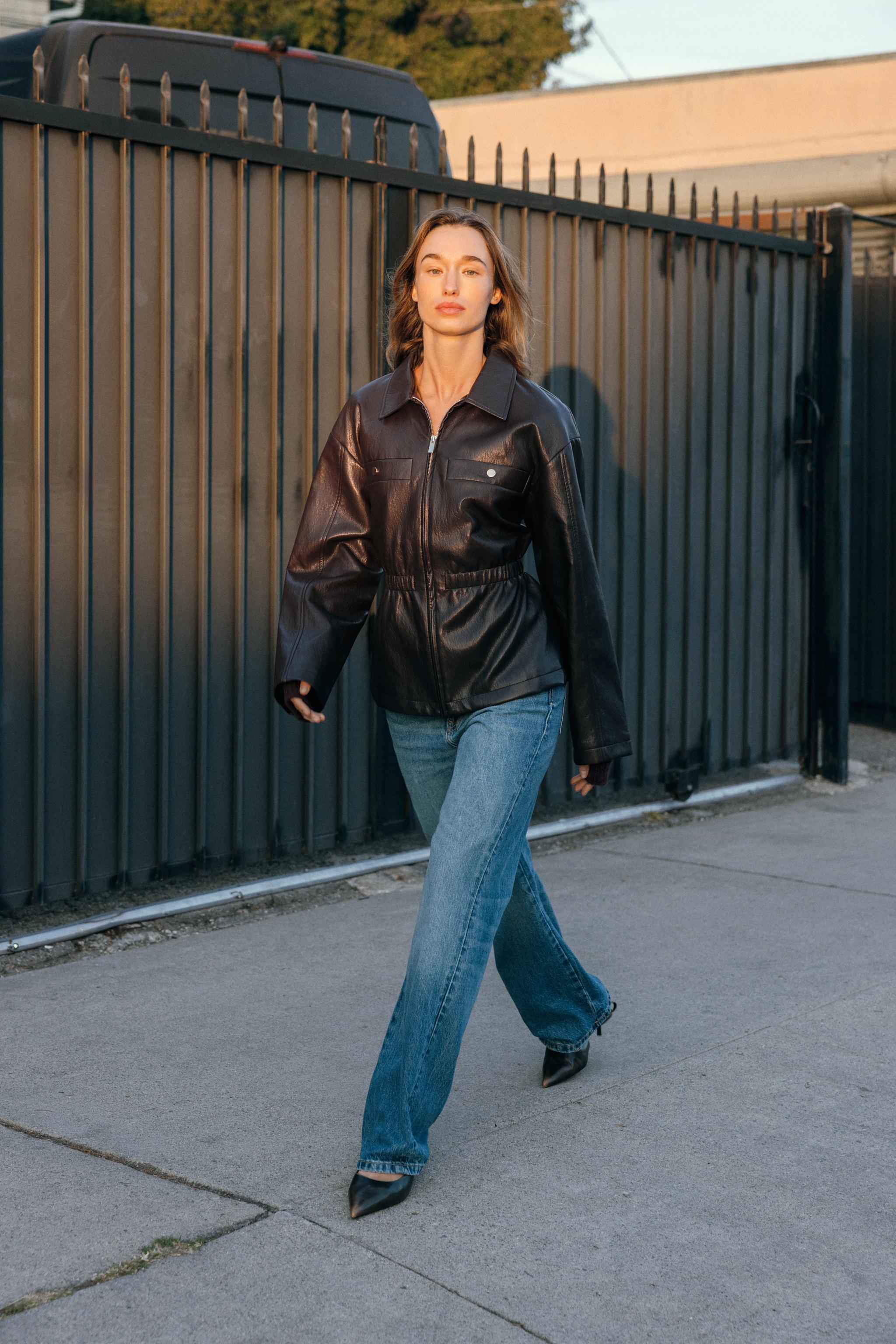 ELASTIC WAIST FAUX LEATHER JACKET